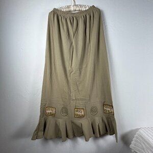 Blue Fish Hand Printed Ruffle Hem Maxi Skirt Size 2 Green Organic Cotton USA
